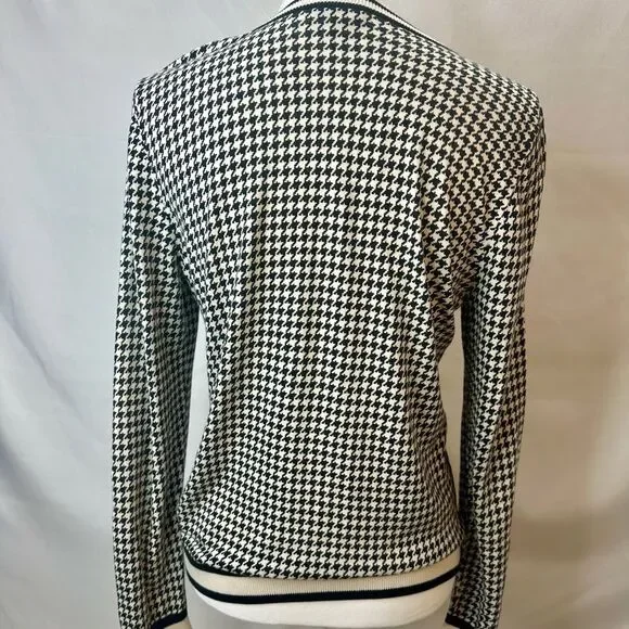 Talbots Cardigan Top Women Medium Black Houndstooth Plaid Cotton Career Casual - Picture 8 of 11